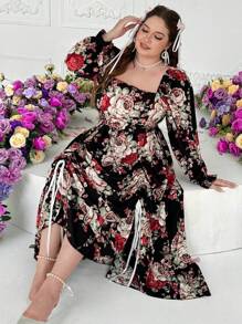 Flirla Plus Size Square Neck Bowknot Contrast Color Long Sleeve Pleated Drawstring Maxi A-Line Vintage Elegant Cute Dress For Women Fall Cloth For Women - Multicolor - View 4