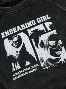 SHEIN EZwear Sudadera holgada de manga larga con estampado gráfico, tipo básico/rapero, en color negro lavado, para mujer en primavera/verano - Negro - Ver 4