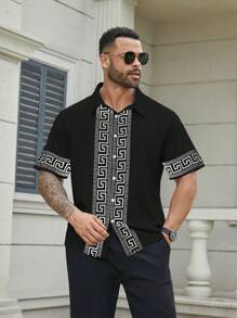 Manfinity Homme Heren effen patchwork-knoopsluiting, casual top met korte mouwen, dagelijks gebruik