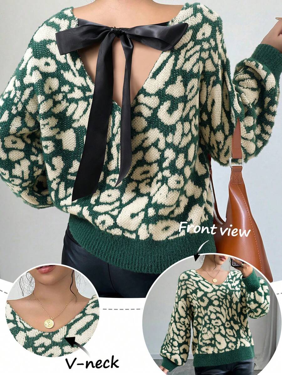 SHEIN Unity 秋冬休闲豹纹提花系带针织套头衫秋季毛衣 - 彩色 - 查看 1