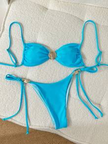 Swim Chiccia Conjunto de bikini de verano para mujer con top tipo tirantes de unicolor con decoración de mariscos y Bottom de bañador con lazos laterales - Azul - Ver 1