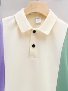 SHEIN 2pcs Tween Boys Casual School/College Contrast Color Block Polo Collar Shirt With Shorts Set, Suitable For Commuting, School, Everyday Casual, Sports, Spring/Summer