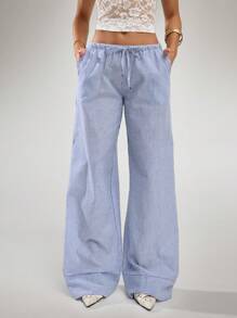 SHEIN BAE Pantalones rectos de pierna ancha elegantes de cintura baja, cómodos y sexys de lino para vacaciones en la playa, de estampado de rayas versátil, pantalones holgados de verano para mujer - Blanco - Ver 5