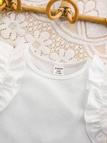 SHEIN Baby Girl Cute Casual Ruffled Knitted White Bodysuit - White - View 3