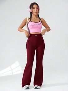 SHEIN EZwear Pantalones de pierna acampanada casuales de punto de color liso con bolsillos para mujer
