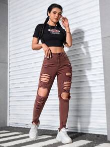 SHEIN Essnce 休闲破洞牛仔裤，极简时尚日常穿搭 - 咖啡棕 - 查看 2