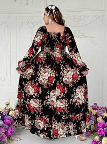 Flirla Plus Size Square Neck Bowknot Contrast Color Long Sleeve Pleated Drawstring Maxi A-Line Vintage Elegant Cute Dress For Women Fall Cloth For Women - Multicolor - View 2