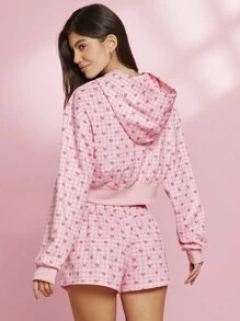 WESTFADE 春季羊毛格子格子心形图案全身印花拉链前长袖短款运动衫连帽衫 - 粉色 - 查看 3