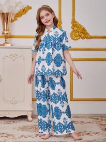 SHEIN Leap Crew 青少年女孩复古花卉印花领短袖和宽松裤子休闲睡衣套装，2 件套 - 藍白色 - 查看 1
