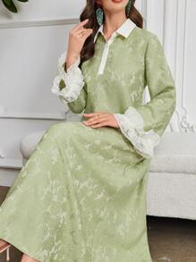 Al Najma 纯色拼布长袖简约花卉蕾丝领提花针织连衣裙，阿拉伯连衣裙，端庄 - 綠色 - 查看 1