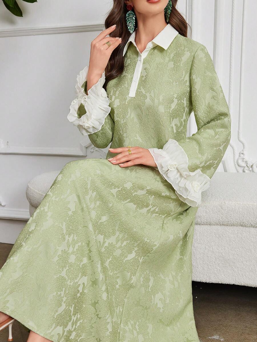 Al Najma 纯色拼布长袖简约花卉蕾丝领提花针织连衣裙，阿拉伯连衣裙，端庄 - 綠色 - 查看 1