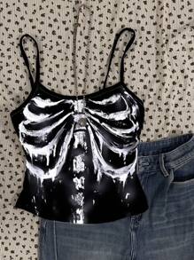 Attitoon 复古摇滚骷髅骨头图案，复古哥特式骨头设计女式休闲性感吊带背心 - 白色 - 查看 3