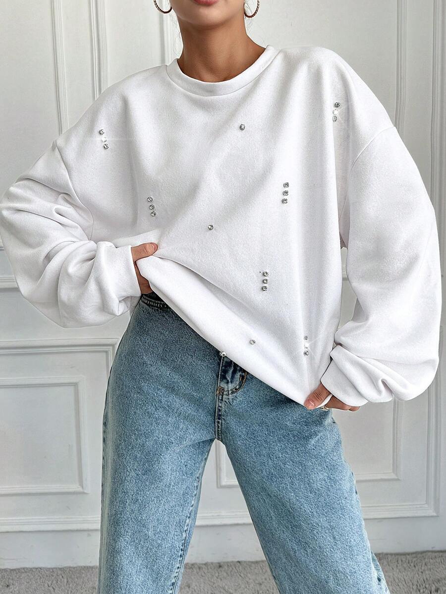 RueChic Women's Loose Fit Sweatshirt With Glittering Rhinestones - White - View 1