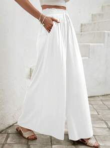 Easowa 度假休闲纯色阔腿裤 - 白色 - 查看 7