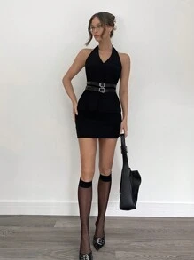 SHEIN Essnce 2 件套女士细肩带 V 领吊带背心和迷你裙 - 黑色 - 查看 3