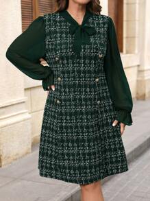 SHEIN Clasi 大码女式优雅黑色雪纺袖拼布仿粗花呢针织印花长裙，金属纽扣拼色，适合商务通勤，秋冬季 - 墨綠色 - 查看 5
