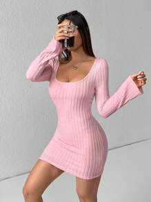 SHEIN PETITE Solid Scoop Neck Flare Sleeve Bodycon Dress
