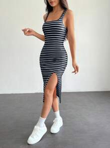 SHEIN PETITE Summer Women's Casual Basic Tank Top Striped Split Dress,Vacation Outfits Women - Navy Blue - View 4