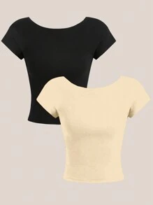 SHEIN EZwear 2 件套女士露背圆领短袖紧身短款 T 恤，适合夏季 - 彩色 - 查看 2