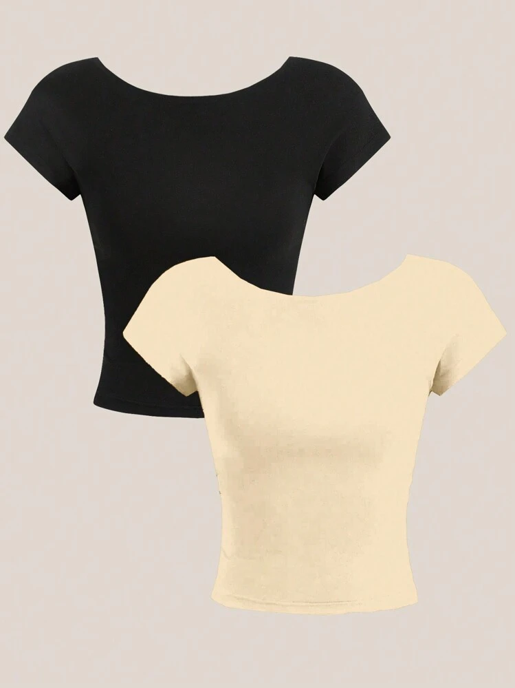 SHEIN EZwear 2 pièces/set T-shirt court ajusté à encolure ras du cou sans dos et manches courtes pour femmes, convient pour l'été - Multicolore - Voir 2