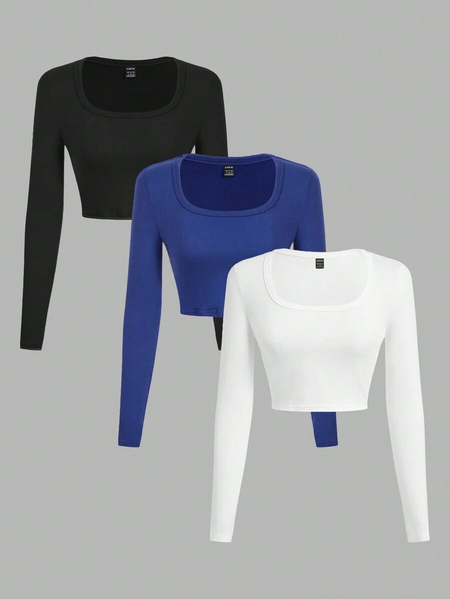 SHEIN EZwear 3 件套休闲 U 领修身短款长袖 T 恤,适合春秋季节 - 彩色 - 查看 1