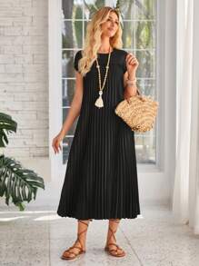 SHEIN LUNE Vacation Casual Pleated Round Neck Dress For Women, Summer