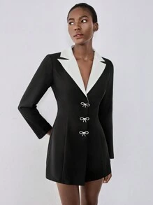 Chiquease 蝴蝶结装饰黑色西装外套，黑白拼布西装外套 - 黑色 - 查看 4