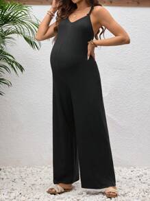 SHEIN Maternity Solid Color V-Neck Sleeveless Casual Loose Jumpsuit - Black - View 2