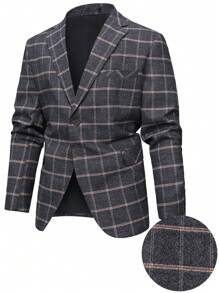 Manfinity Mode Plus Size Front Button Long Sleeve Pocket Plaid Casual Blazer