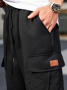 Manfinity Homme Men's Casual Versatile Patches Drawstring Waist Cargo Shorts - Black - View 6