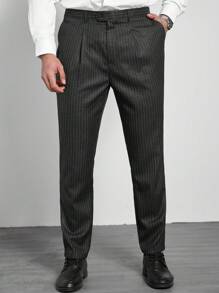 Manfinity Mode Plus Size Front Button Pocket Striped Casual Trousers - Black - View 3