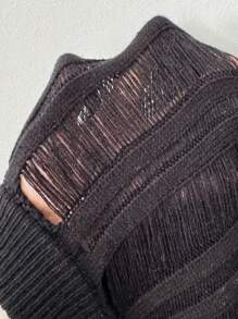 Breezaya 度假休闲纯色镂空露肩针织套头衫秋冬毛衣 - 黑色 - 查看 7