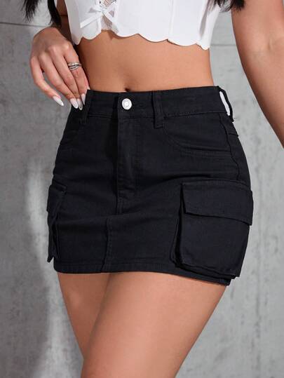 SHEIN PETITE Minifalda vaquera casual con bolsillo y botones frontales simples para mujeres