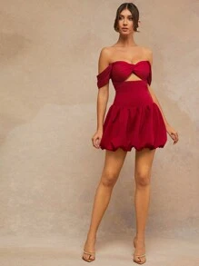 L'Amorae Women's Elegant Twisted Top Bubble Hem Cutout Waist Off Shoulder Burgundy Red Dress,Summer 70s Club Night Party Prom Valentine's Day Wedding Dresses - Red - View 5