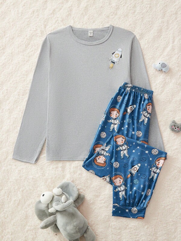 Conjunto de pijama de manga larga y pantalones con estampado de dibujos animados espaciales para adolescentes