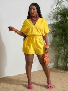 Slaydiva 春夏新款休闲度假优雅基础款V领插肩袖收腰A字短裤黄色波浪条梭织女式连体裤 - 黃色 - 查看 6