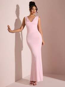 SHEIN BAE 女士纯色粉色、浅粉色垂领性感露背系带开衩紧身连衣裙，适合毕业季、伴娘派对、情人节、生日、返校 - 粉色 - 查看 2