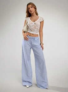 SHEIN BAE Pantalones rectos de pierna ancha elegantes de cintura baja, cómodos y sexys de lino para vacaciones en la playa, de estampado de rayas versátil, pantalones holgados de verano para mujer - Blanco - Ver 1