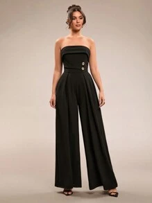 SHEIN BAE Women's Plain Black Sleeveless Jumpsuit With Metallic Button, Slim Fit Wide Leg Jumpsuit, Elegant Going Out Outfit For Daily Wear, Dating, Party, Asymmetric Wide Leg Jumpsuit, Valentine's Day Jumpsuit, Everyday Jumpsuit, Sophisticated Jumpsuit - Black - View 4