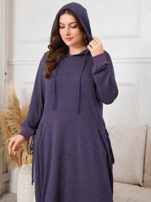 Lacomfia Plus Size Women Drawstring Hooded Long Sleeve Solid Color Tie Side Casual Sweatshirt Dress For Autumn/Winter