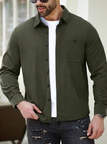 Manfinity Homme Plus Size Men's Solid Color Front Button Long Sleeve Pocket Simple Casual Shirt - Army Green - View 5