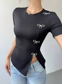 SHEIN LUNE Women's Rhinestone Bow Decor Crew Neck Side Slit T-Shirt - Black - View 6