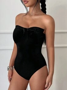 Flirla Elegant Velvet Halter Bodysuit With Cup Details