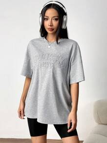 SHEIN EZwear 夏季上衣 粉色纯色字母压花落肩 T 恤 - 灰色 - 查看 6