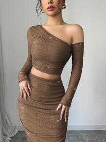 Elenzga 2件組女款水鑽裝飾斜肩不對稱下擺長袖柔軟彈性葉脈紋理內裡長版上衣 - 咖啡棕 - 查看 4