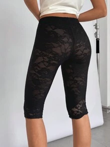 SHEIN Essnce Women's Black Lace See-Through Tights All-Match Shorts Leggings Women Bottoms Summer Clothes Women Capris Women Leggings
