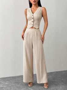 SHEIN PETITE 无袖纯色开衫和裤子套装 - 卡其色 - 查看 1