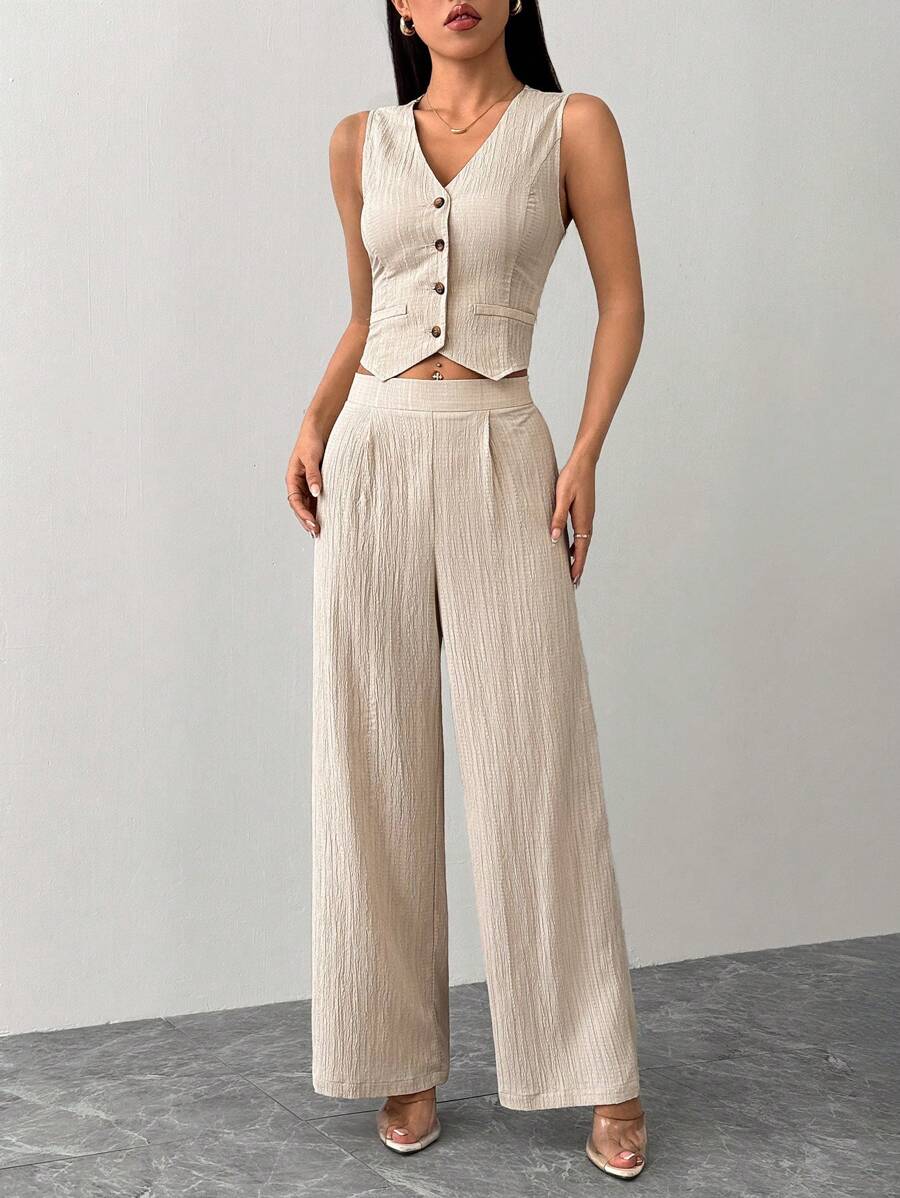 SHEIN PETITE 无袖纯色开衫和裤子套装 - 卡其色 - 查看 1