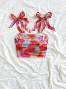 Soleia Sweet & Romantic Floral Tie-Dye Print Tied Strap Spring Top, Suitable For Summer Holiday, Date, Valentine's Day, Afternoon Tea - Multicolor - View 5