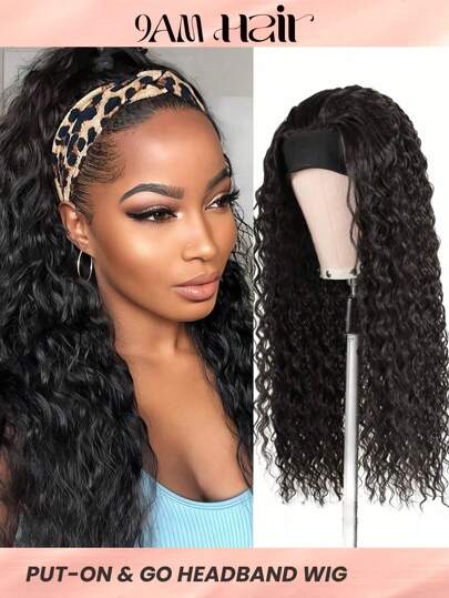 Water Wave Headband Wig Human Hair Wigs With Head Band  Affordable Hair Replacement Headbands Wig Ready Wear To Go Daily Use Natural Black Color